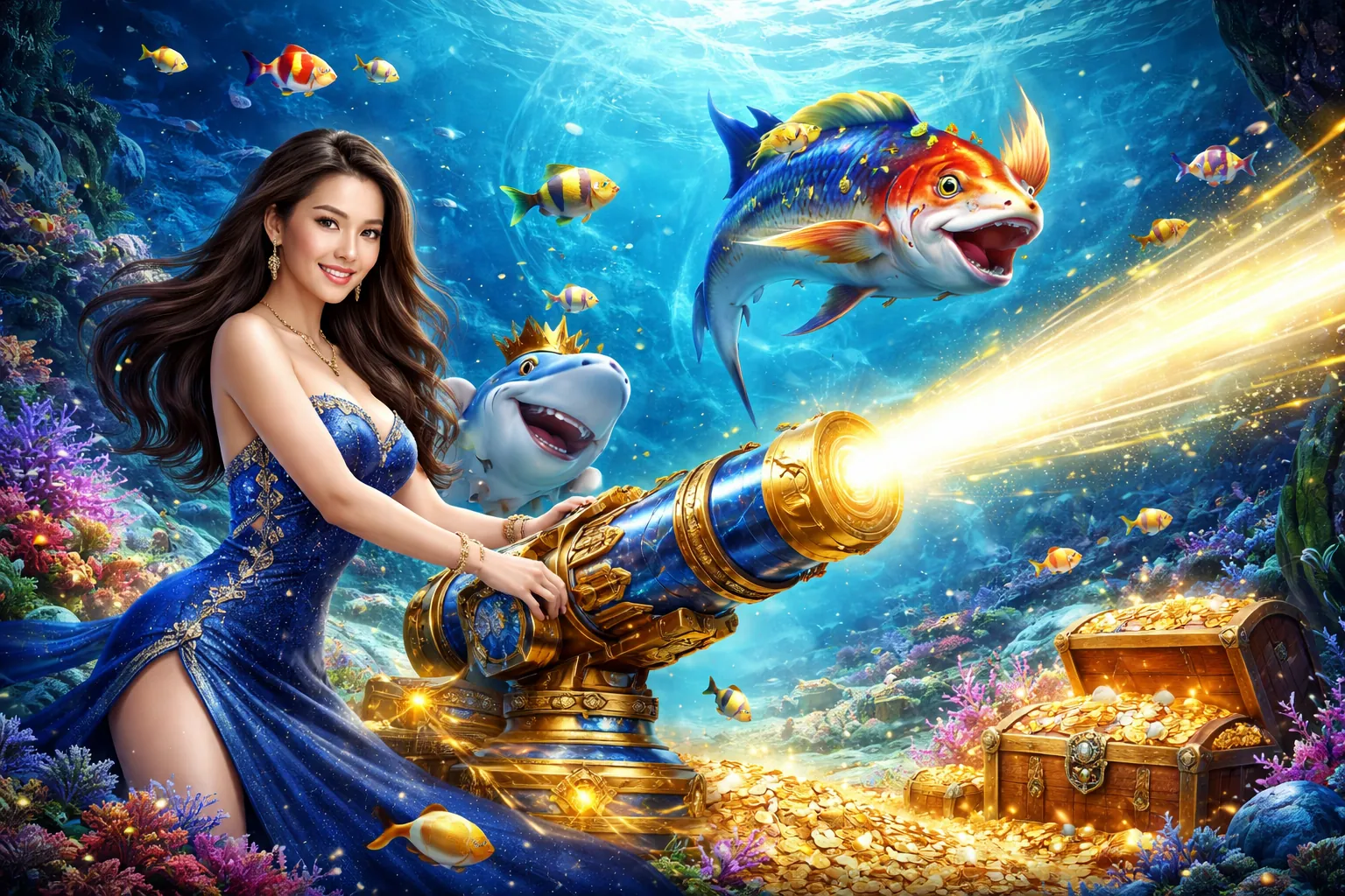 Hình ảnh chủ đạo game bắn cá với nhiều loài cá và kho báu